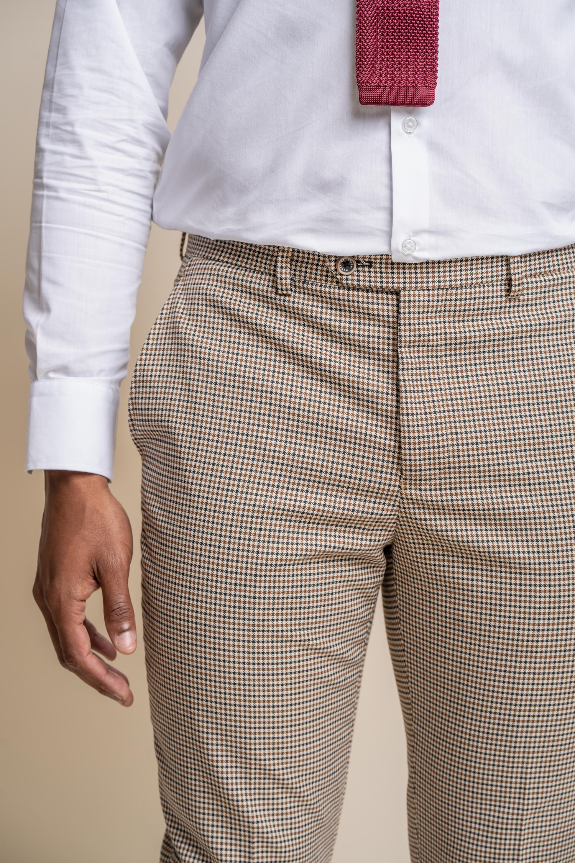 Men's Houndstooth Check Skinny Fit Trousers - ELWOOD - Tan Brown