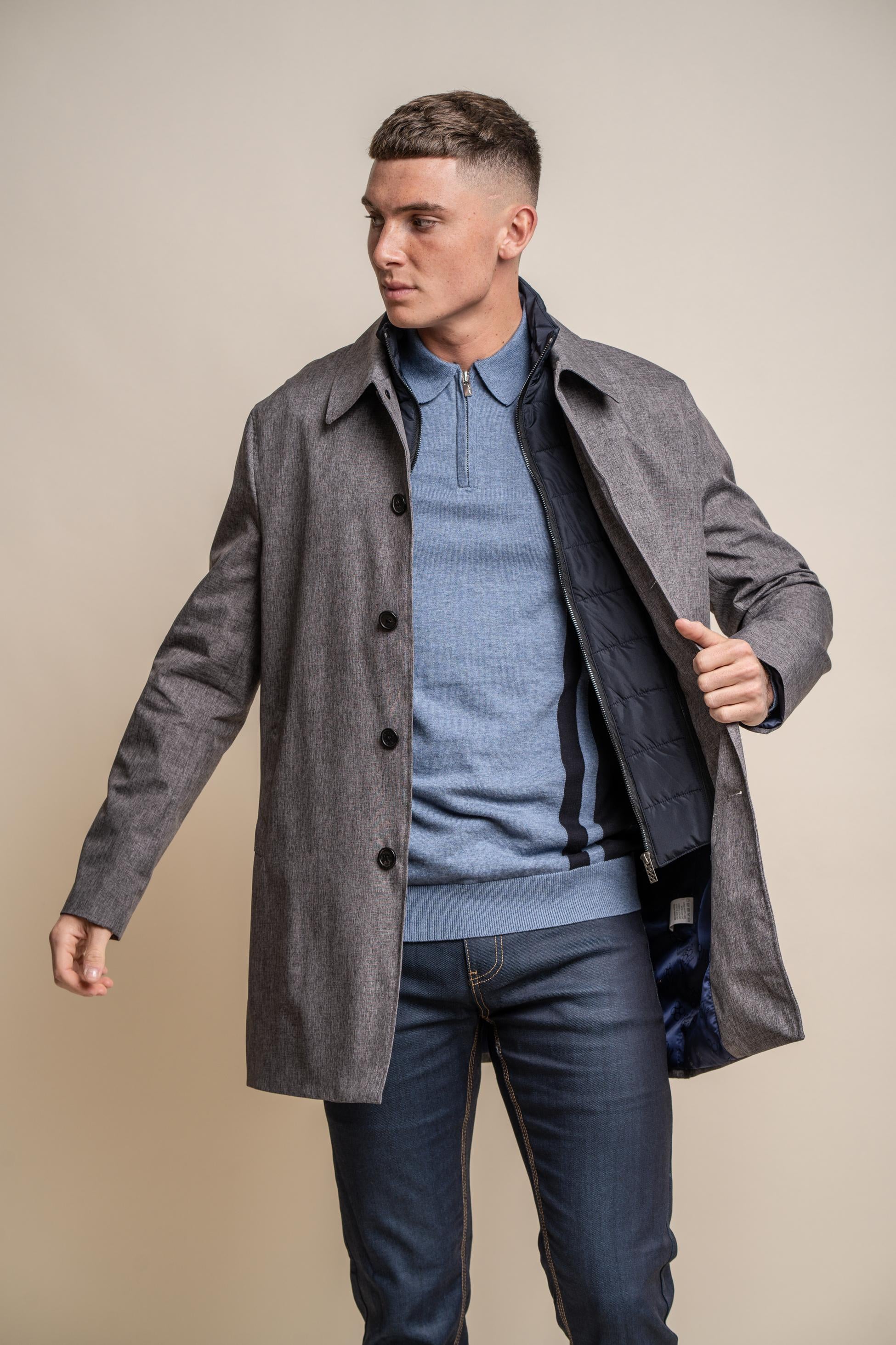 Men's Midi Length Geke Coat with Removable Zipper - BRANDO - Grey