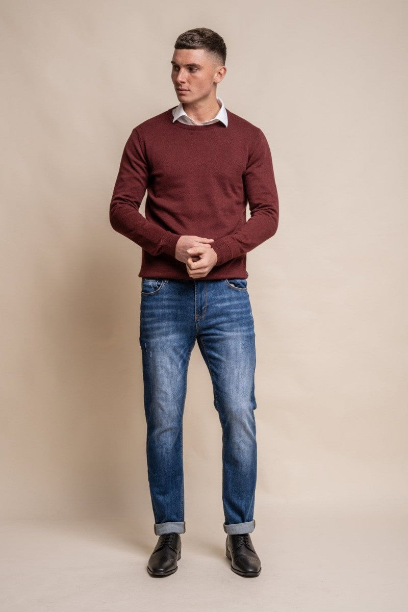 Men's Cotton Slim Fit Crewneck Jumper - Wine