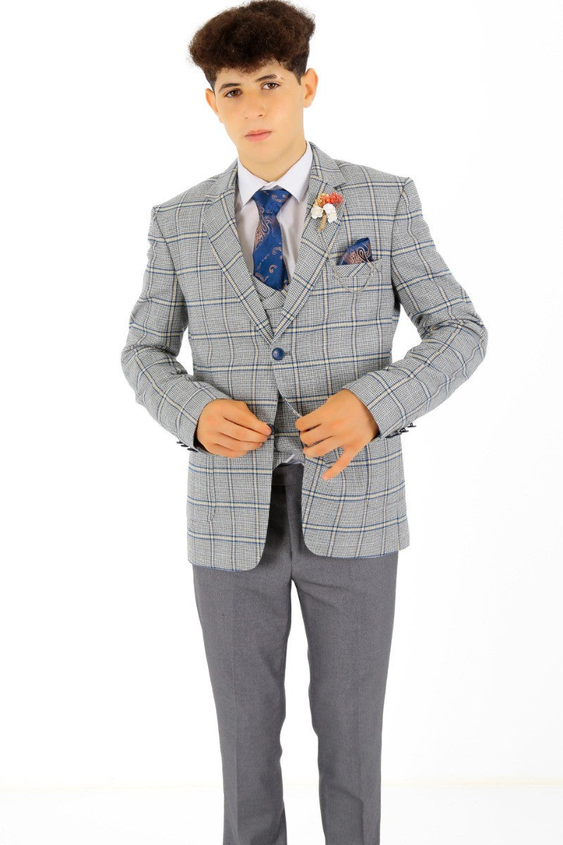 Boys Windowpane Check Slim Fit Suit - Blue - Grey