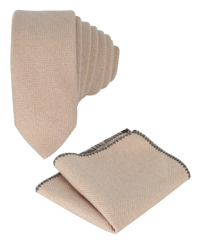 Boys & Men's Herringbone Tweed Tie & Pocket Square Set - Beige