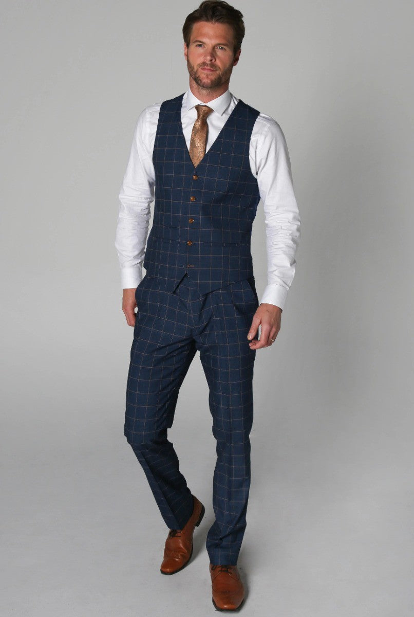 Men's Tailored Fit Windowpane Check Suit - HAMLEYS - Corrnflower Blue