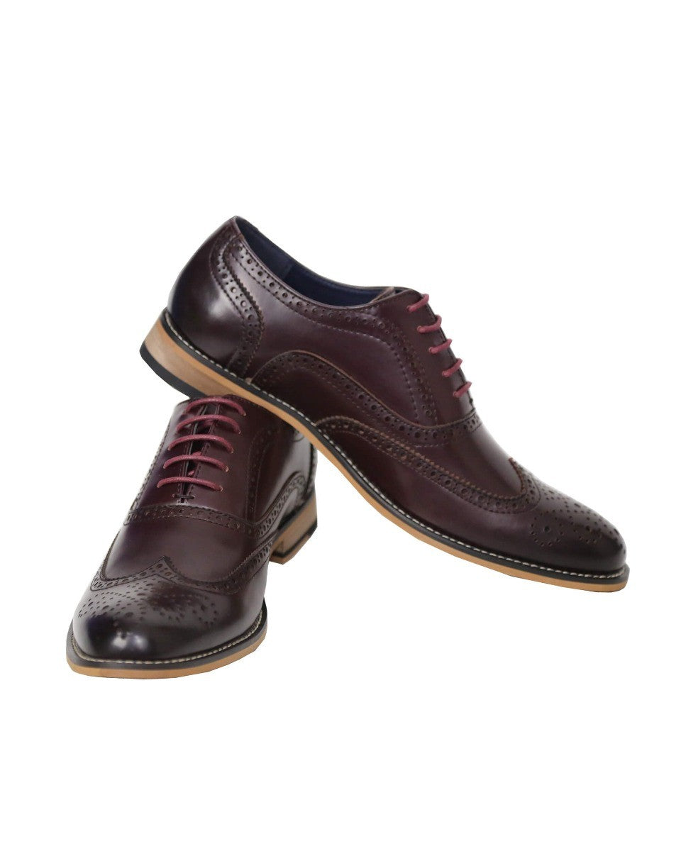 Men's Lace Up Leather Brogue Shoes - OXFORD - Wine