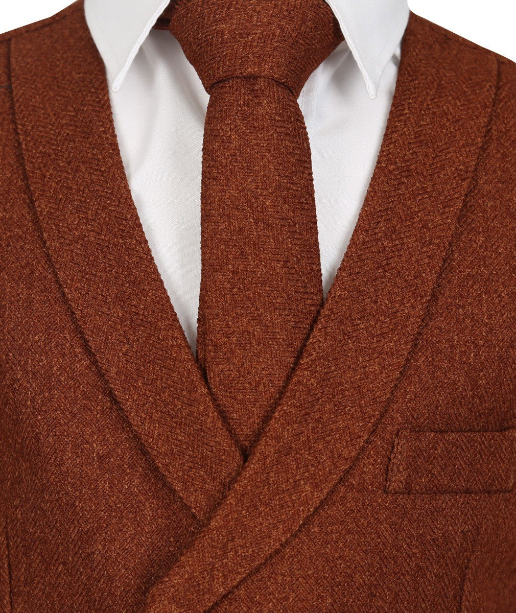 Men's and Boys Herringbone Double-breasted Waistcoat Set - Cinnamon Brown