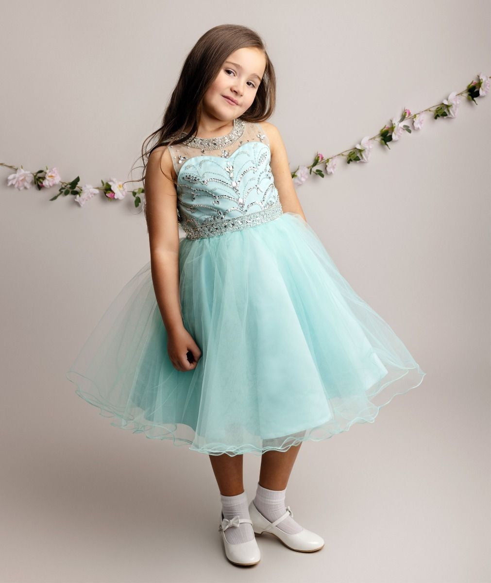 Girls Tulle Dress with Sequin Embellishments - LOLA - Aqua Blue