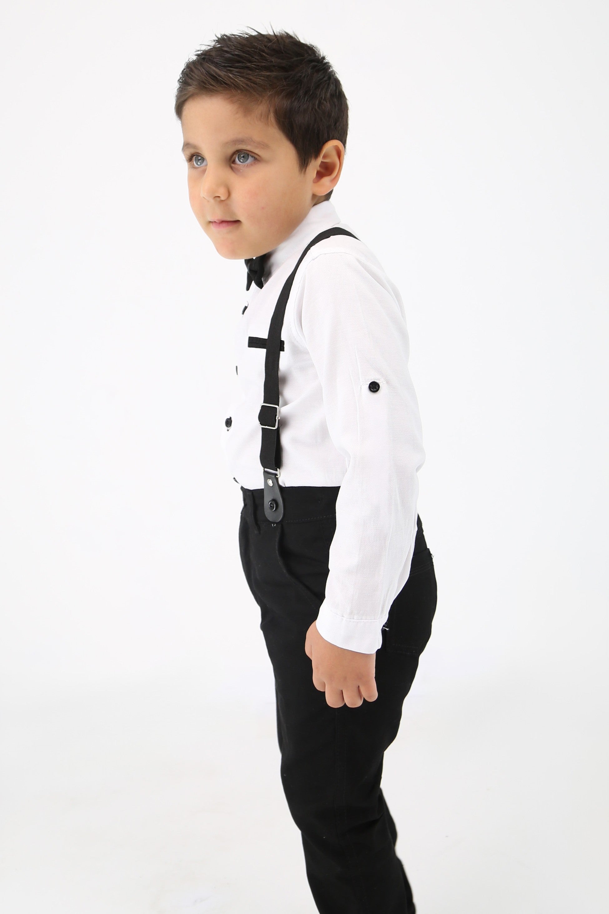 Baby & Boy Gentleman Outfit - 4 Piece Suspenders Pant Suit Set - OXFORD - White - Navy Blue