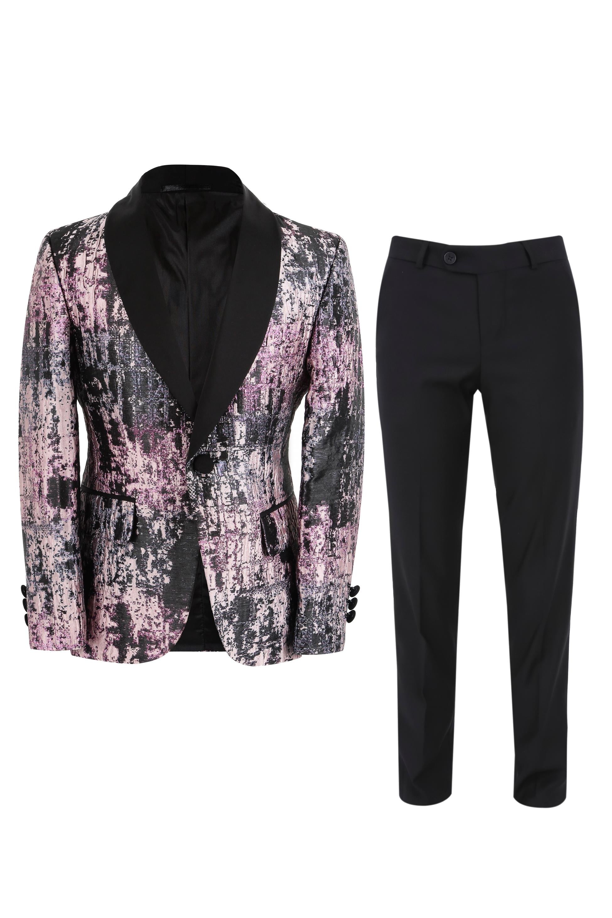 Boys Shimmery Patterned Tuxedo Suit - Black - Pink