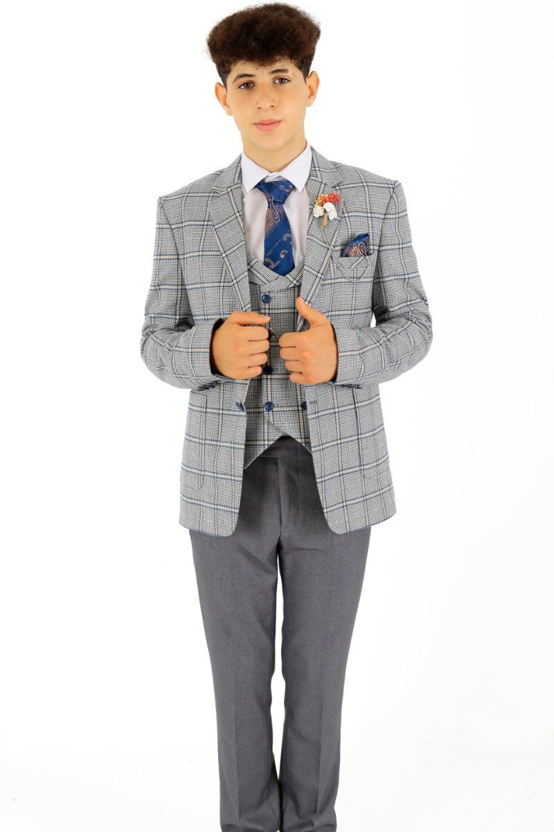 Boys Windowpane Check Slim Fit Suit - Blue - Grey