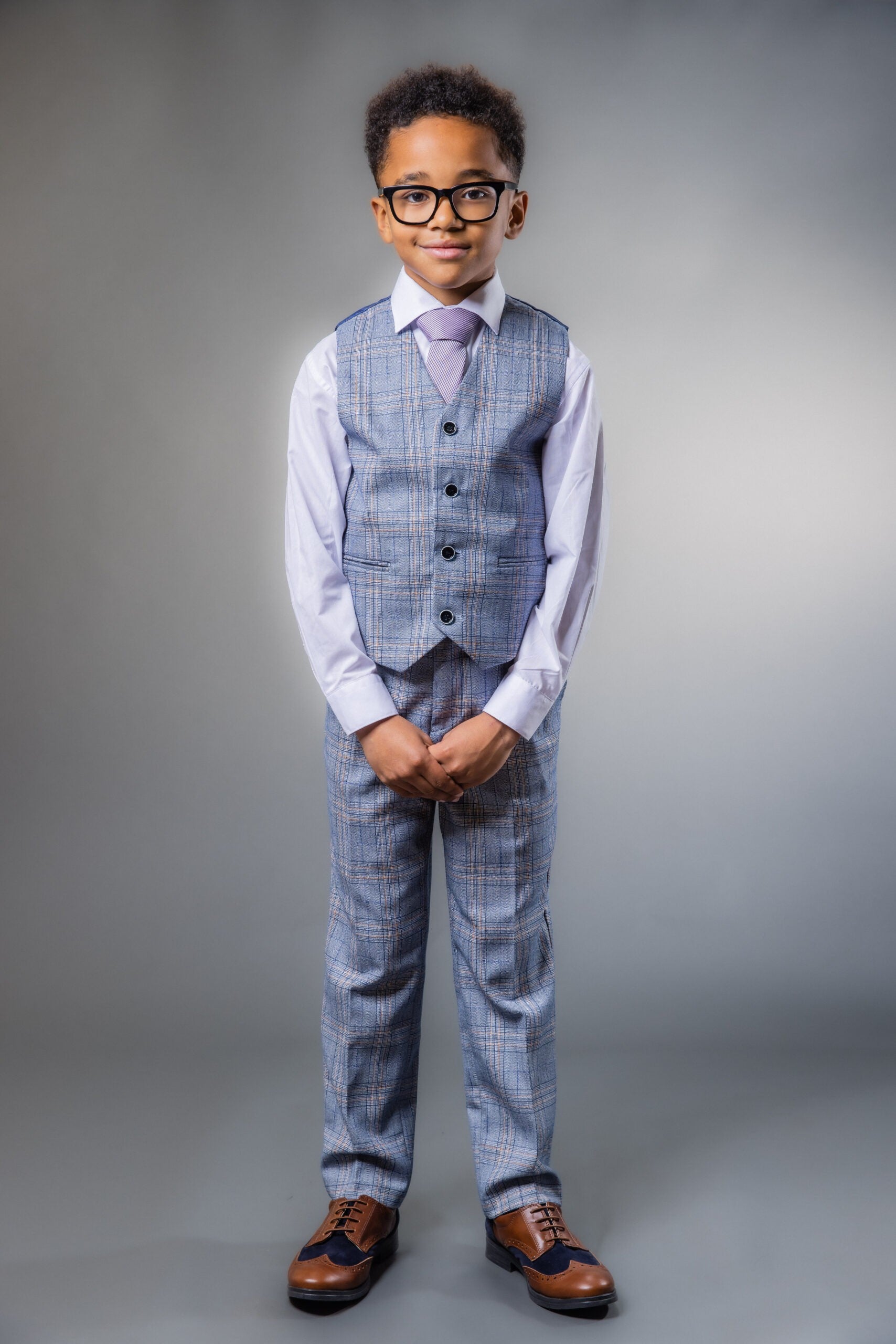 Boys Windowpane Check Slim Fit Suit - LEVI Blue