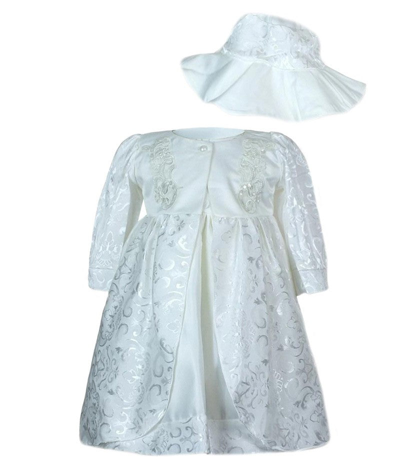 Baby Girls Embroidered Christening Dress Set - White