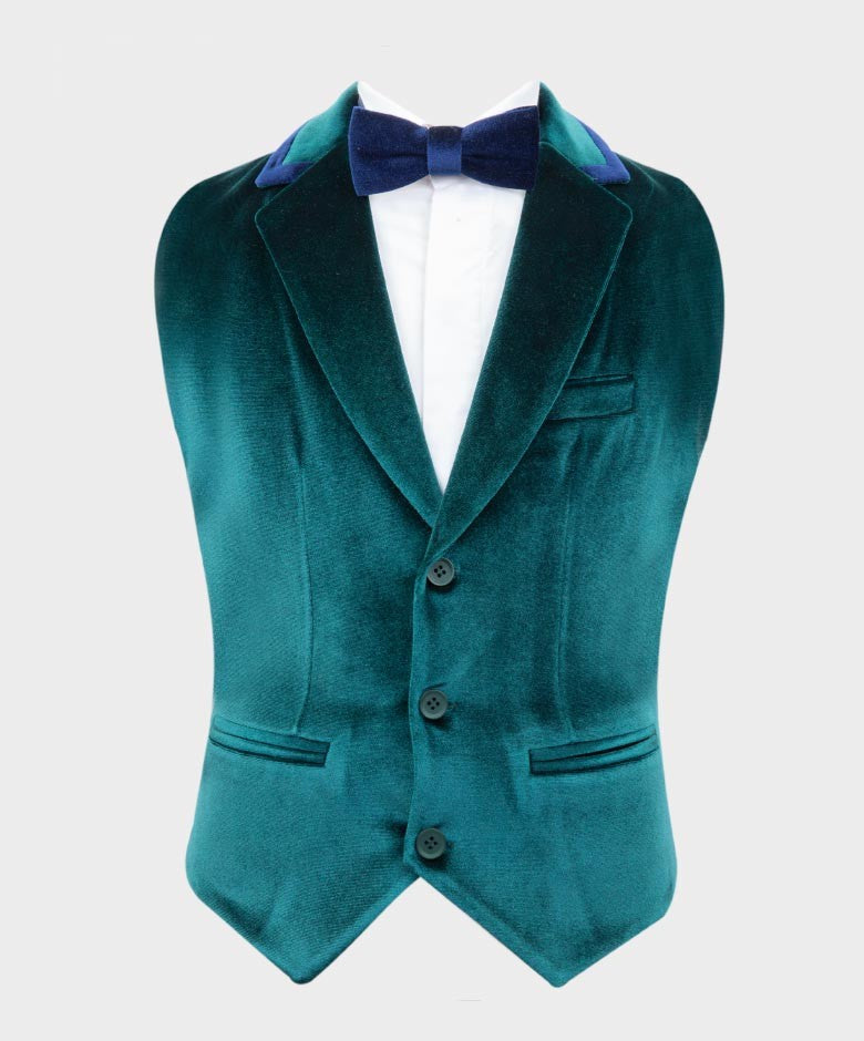 Boys Tailored Fit Velvet Suit with Elbow Patches - Green