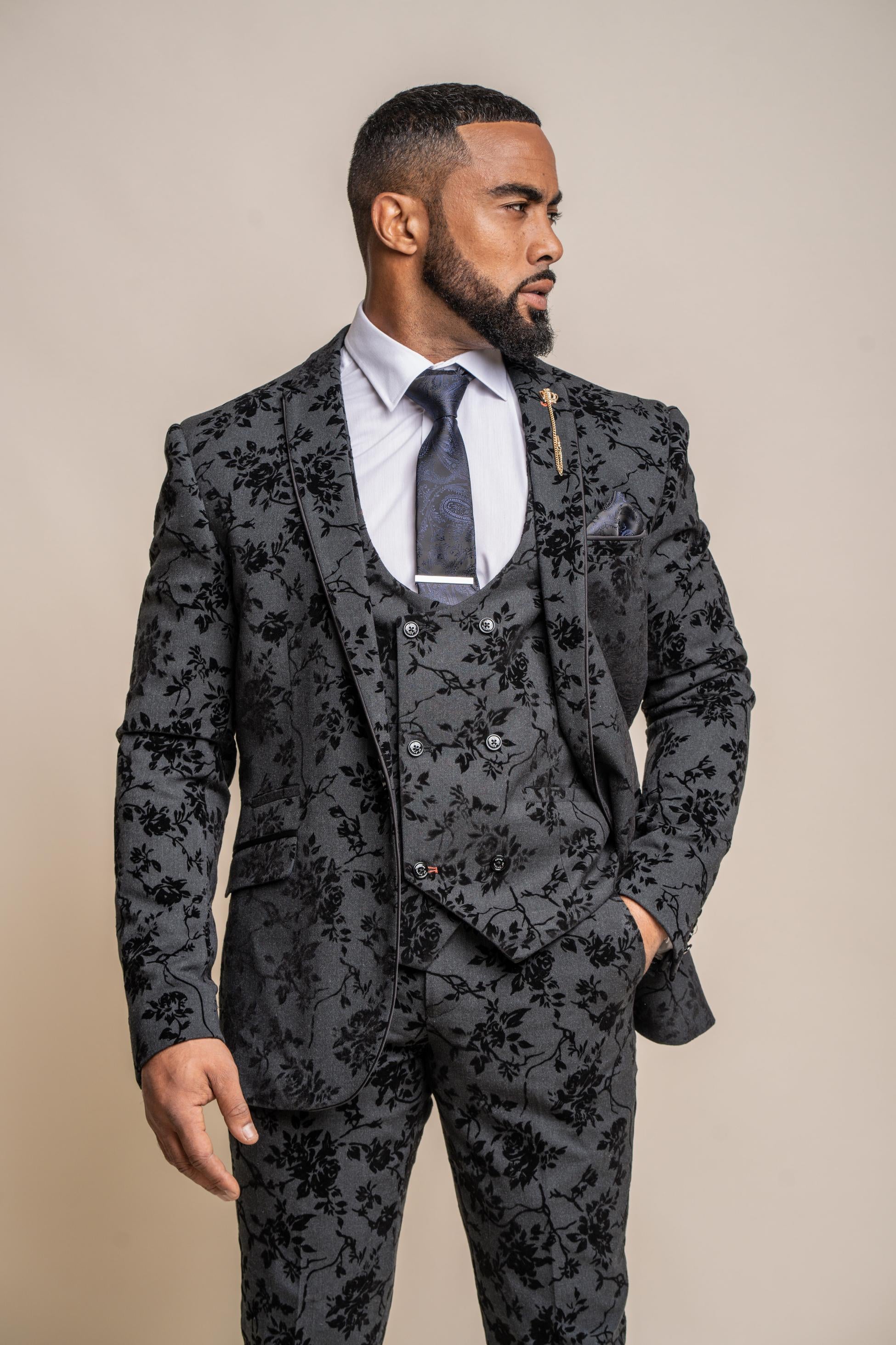 Men's Black Velvet Floral Embroidered Suit Jacket - GEORGI - Black