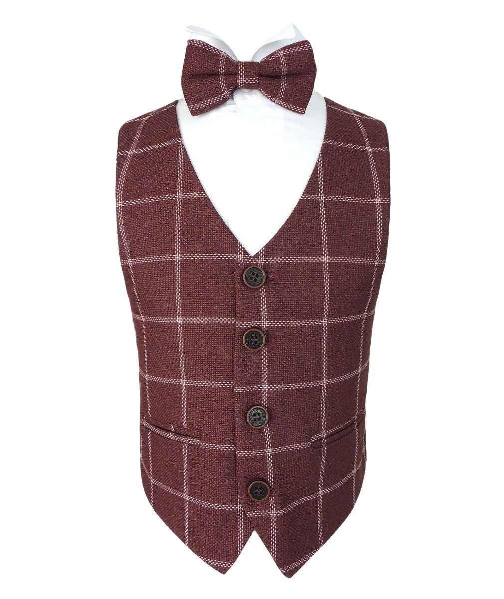 Boys Plaid Check Waistcoat Set - Maroon