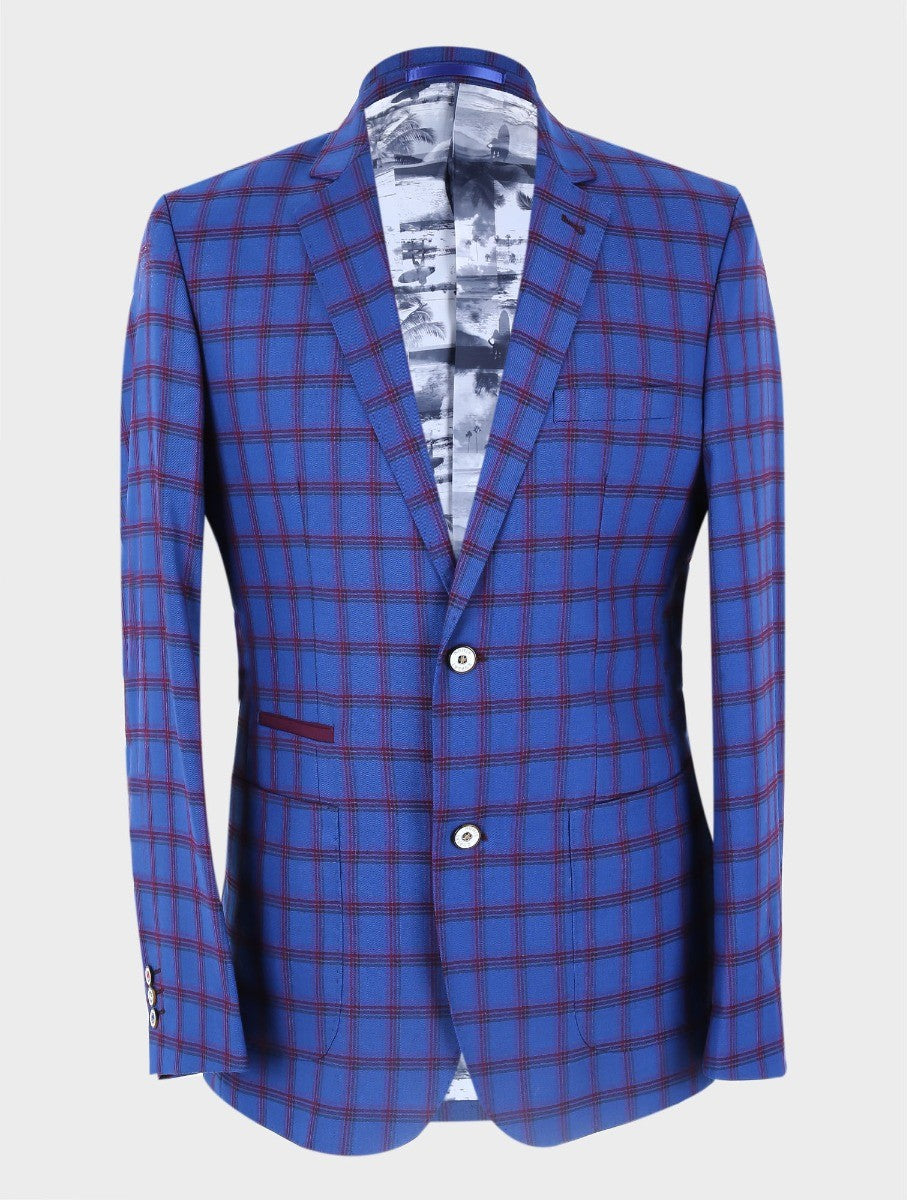 Men's Slim Fit Windowpane Check Blazer - COSTELLO - Navy Blue