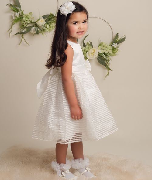 Girls Satin Bow Dress with Striped Tulle Skirt - IZEL - Ivory