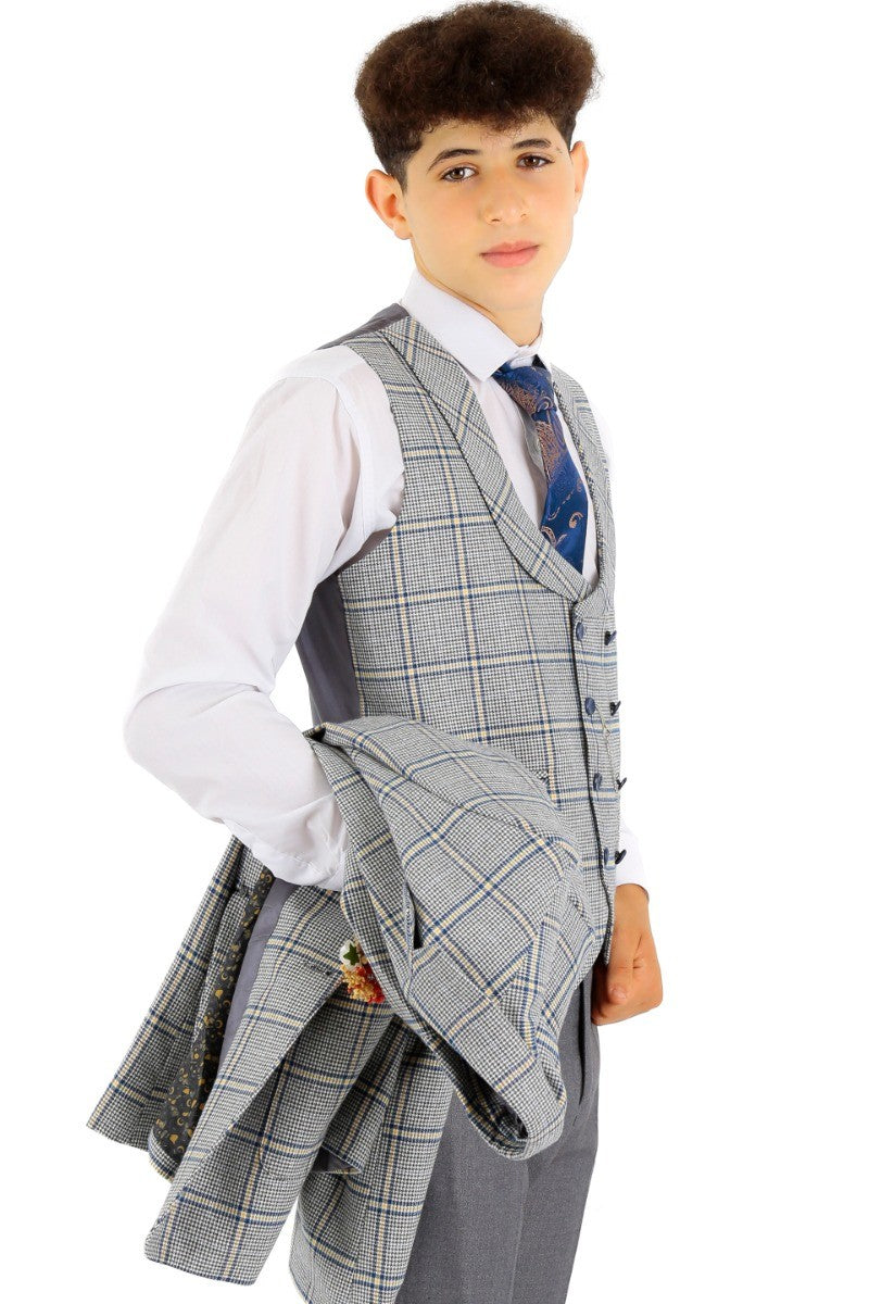 Boys Windowpane Check Slim Fit Suit - Blue - Grey