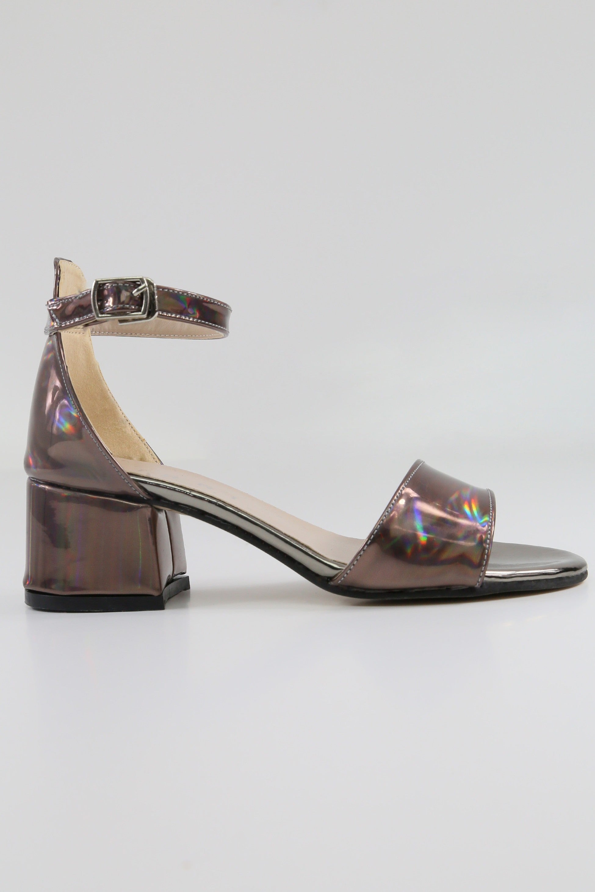 Girls Iridescent Block Heels Patent Sandals - NOVA - Dark Silver