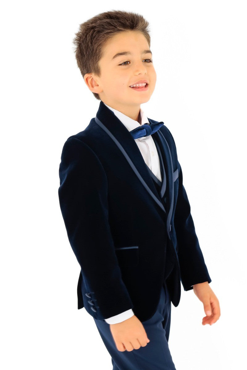 Boys Slim Fit Piping Velvet Tuxedo Suit - LONDON - Navy Blue