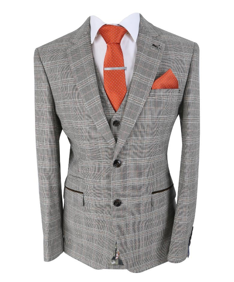 Men's Slim Fit Retro Check Suit - Quincy Stone - Stone Brown