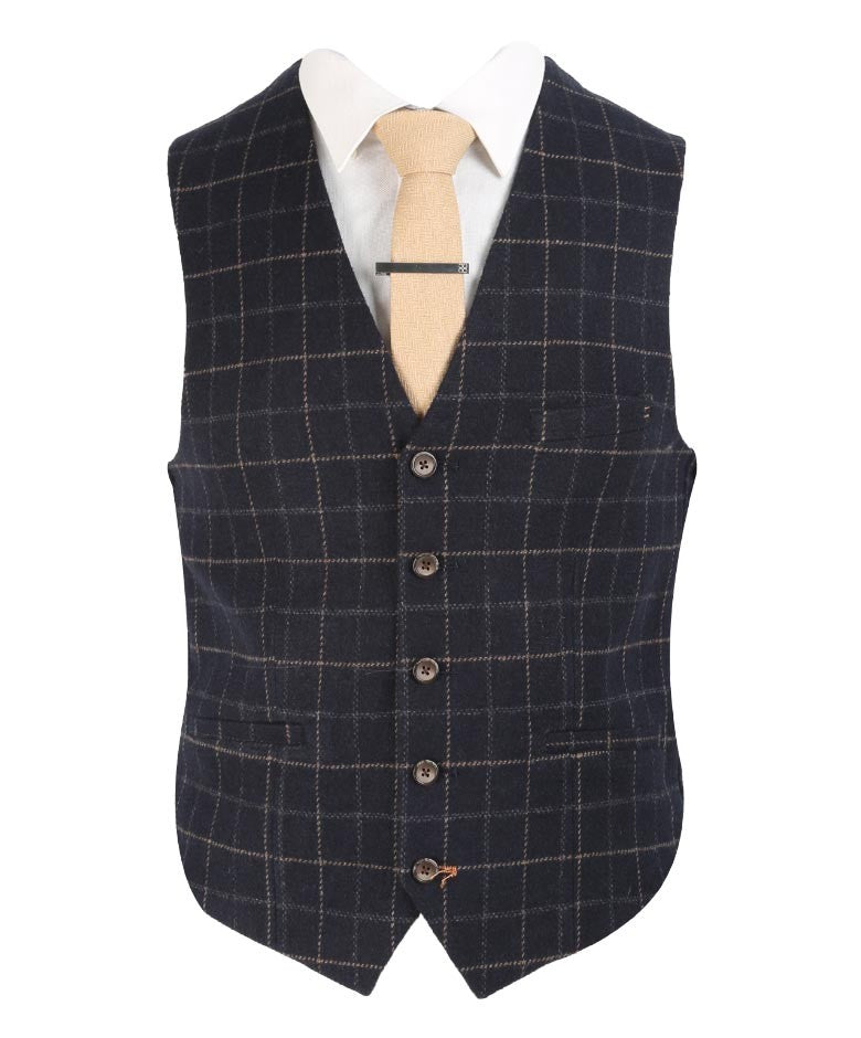 Men's Tweed Check Slim Fit Navy Suit- SHELBY - Navy Blue