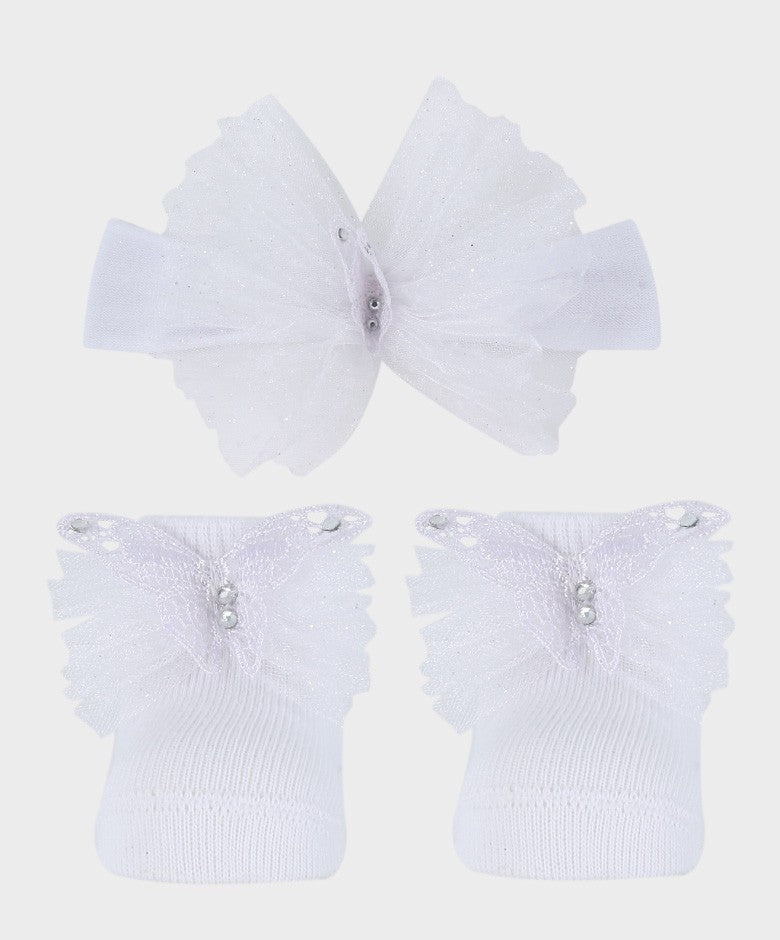 Baby Girls Headband and Socks Set - White