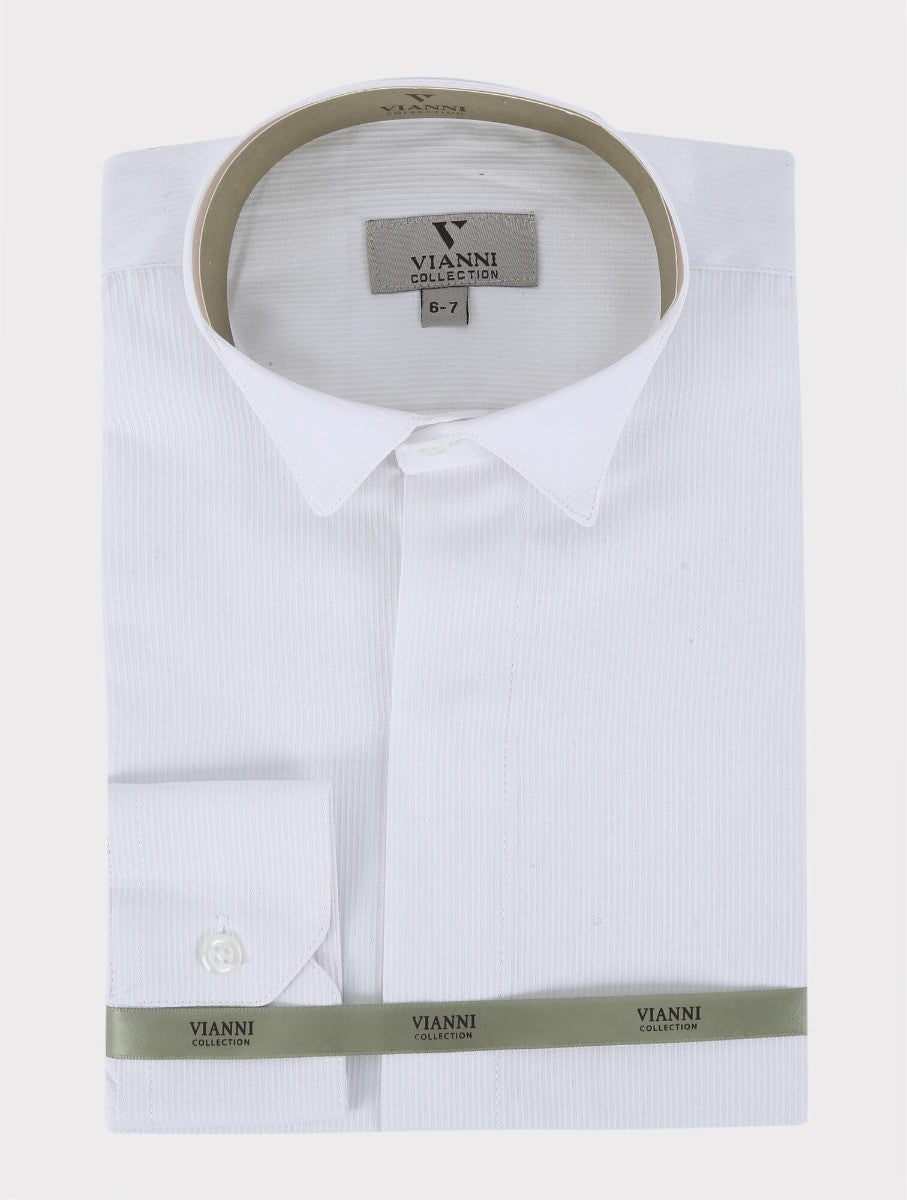 Boys Self Striped Wing Collar White Shirt - White