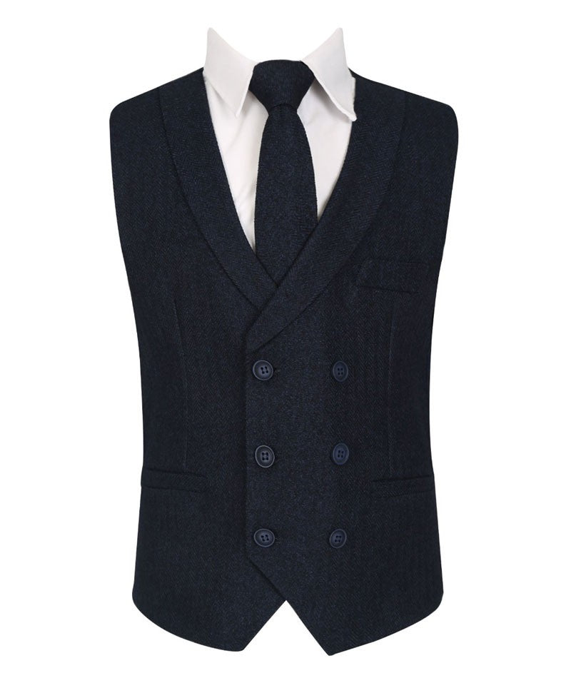 Men's and Boys Herringbone Double-breasted Waistcoat Set - Navy Blue