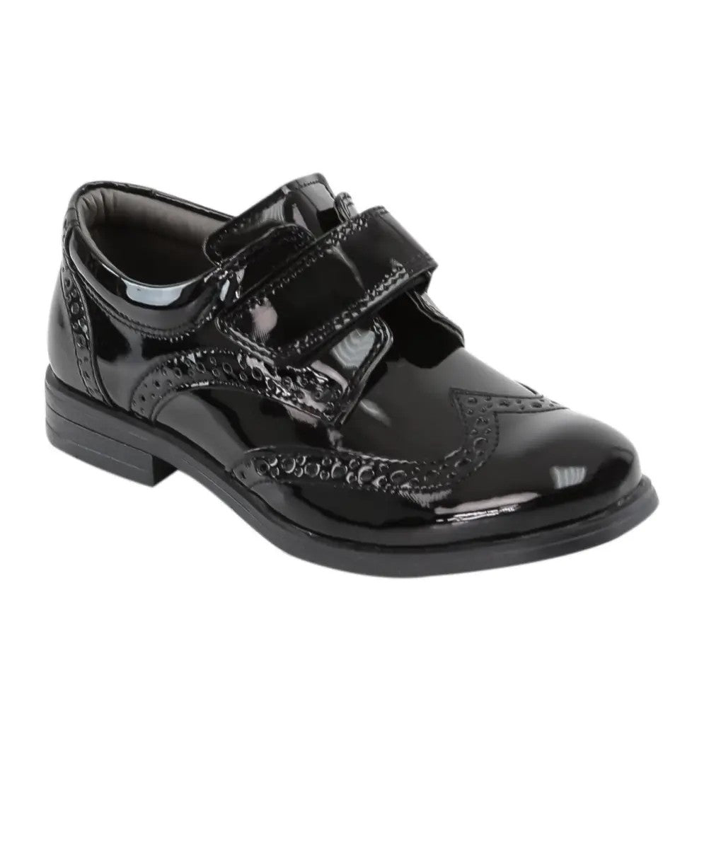 Boys Patent  Brogue Velcro Dress Shoes - Black