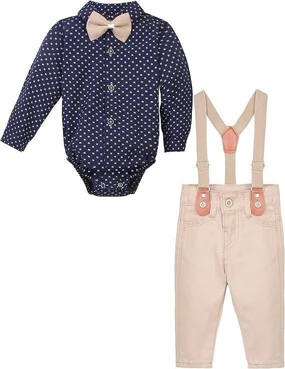 Baby & Boys Gentleman Outfit - 4 PC Suspenders Pant Suit Set - KELEBEK - Navy - Beige