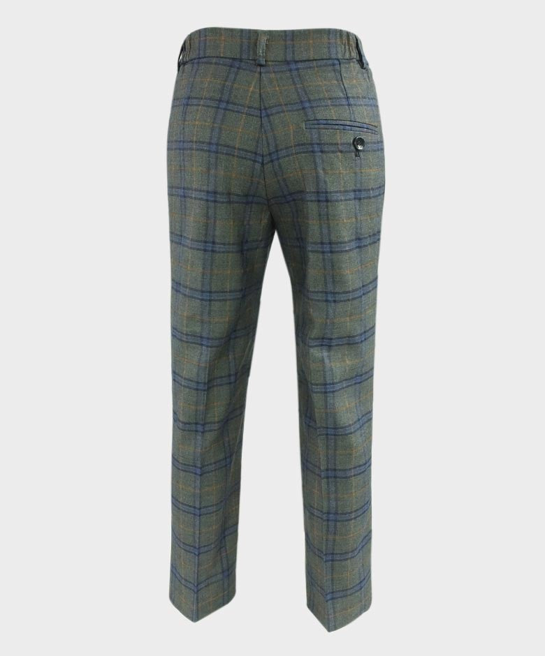 Boys Tailored Fit Windowpane Check Grey Suit - Blue - Orange