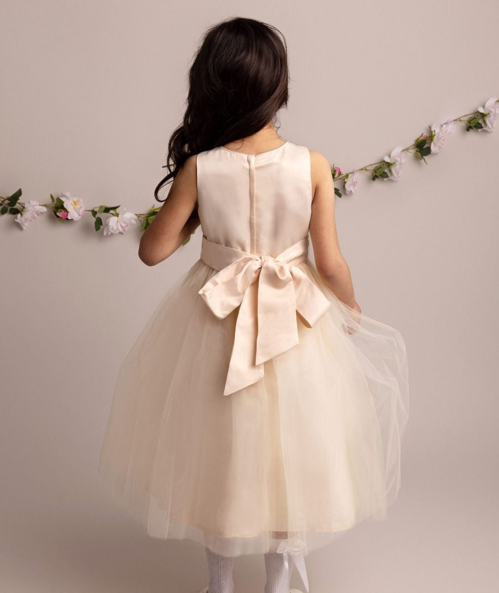 Flower Girl Dress with Tulle Skirt & Bow - HILARY - Champagne