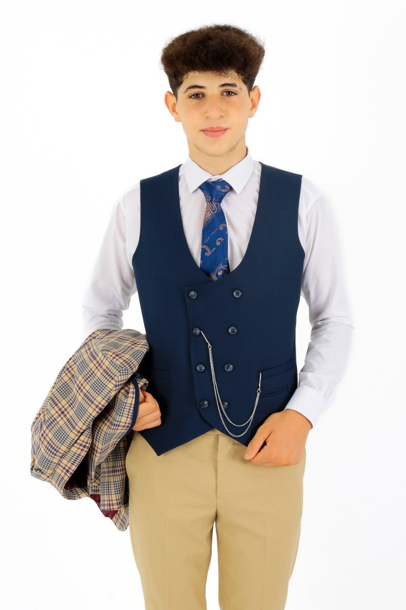 Boys Plaid Check Slim Fit Suit - Beige - Navy Blue