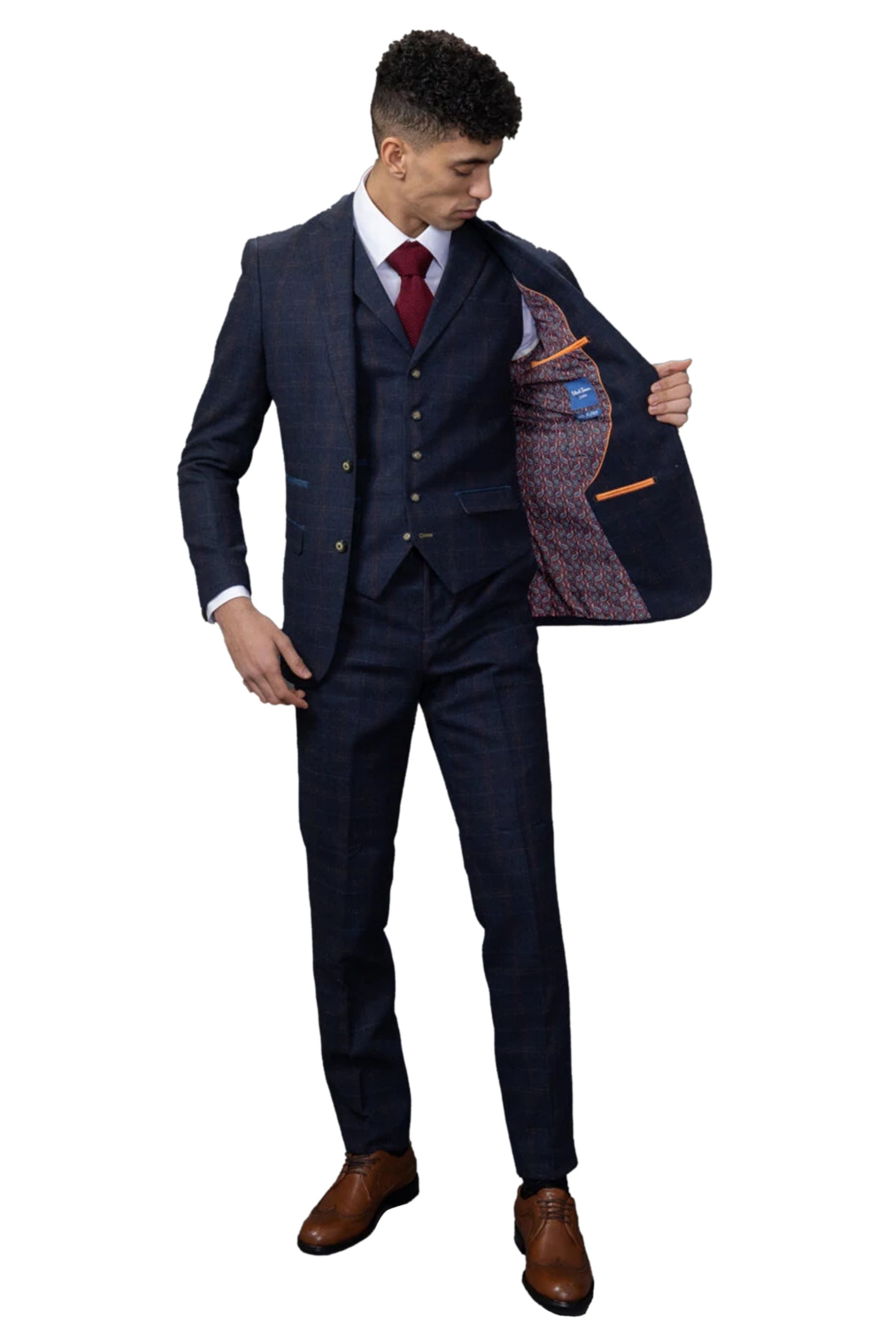 Men's Tweed Windowpane Tailored Fit Navy Suit Jacket  - RYAN - Navy Blue