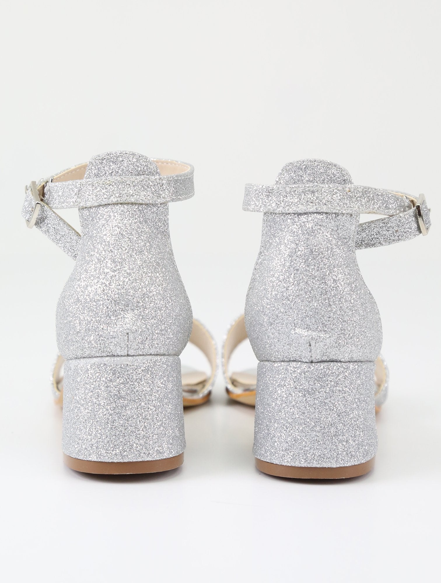 Girls Ankle-Strap Block Heel Sandals - SPARKLE - Silver