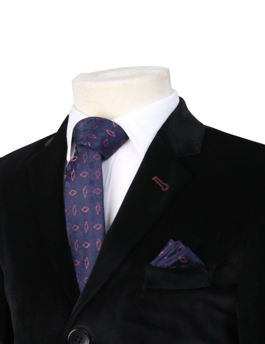 Boys Mixed Pattern Formal Tie & Hankie Set - Navy Diamond