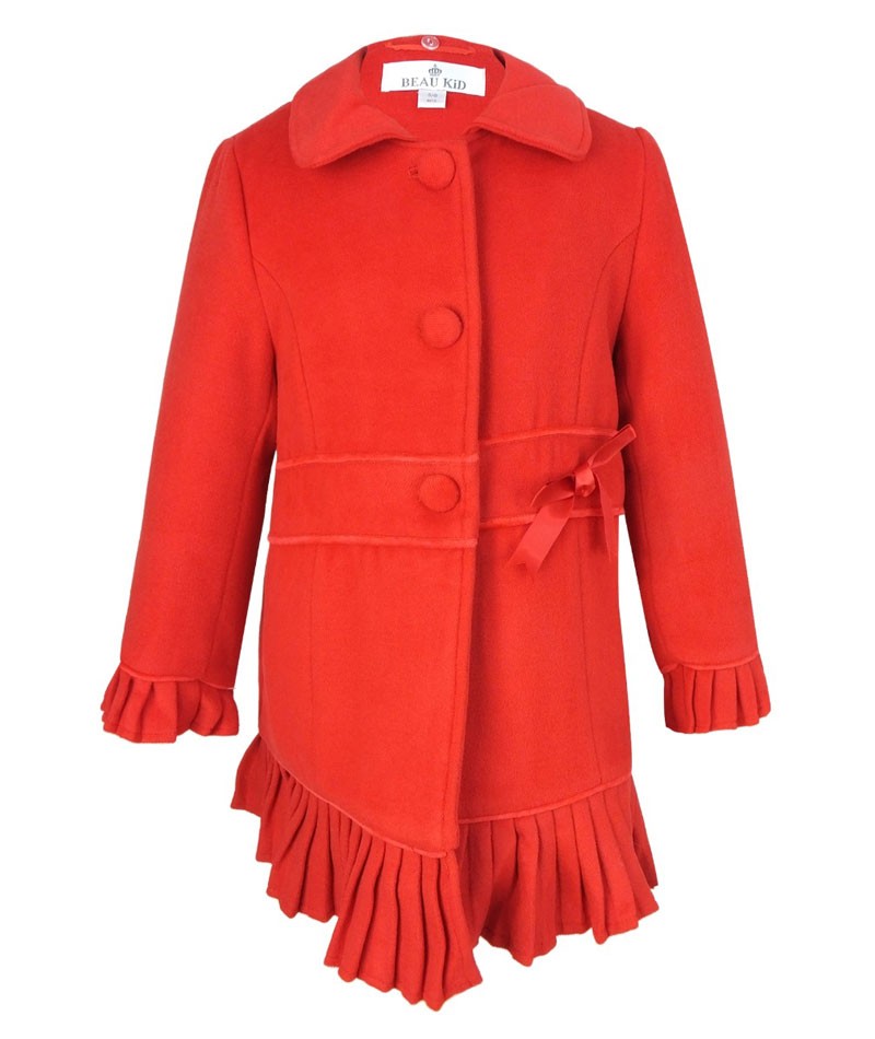 Girls Coat with Detachable Fur Collar and Hat Set - Red