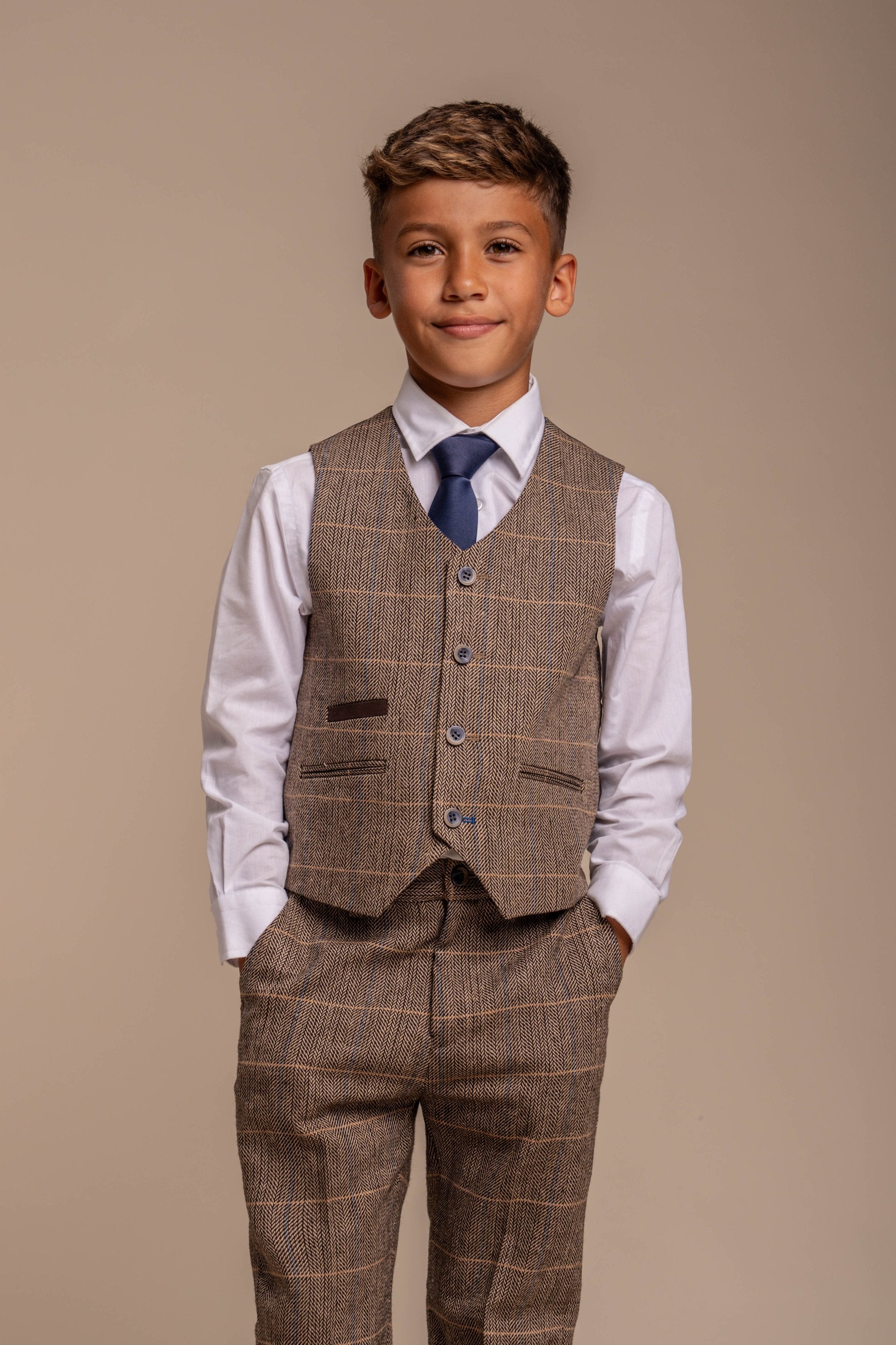 Boys Wool Blend Herringbone Check Suit - ALBERT - Brown