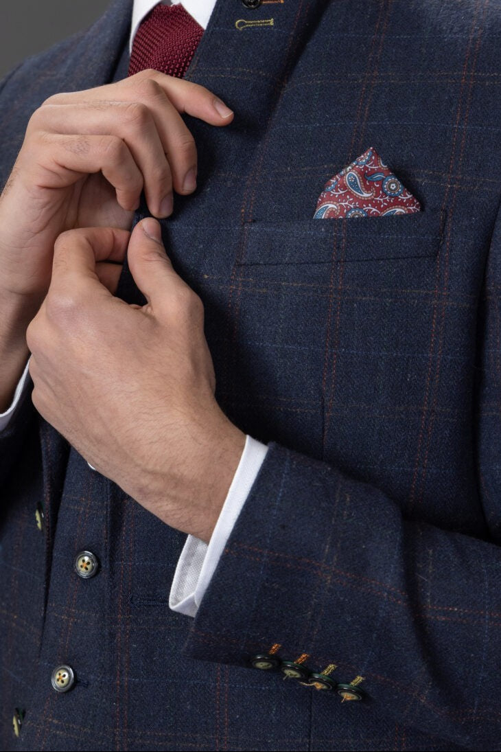Men's Tweed Windowpane Tailored Fit Navy Suit - RYAN - Navy Blue