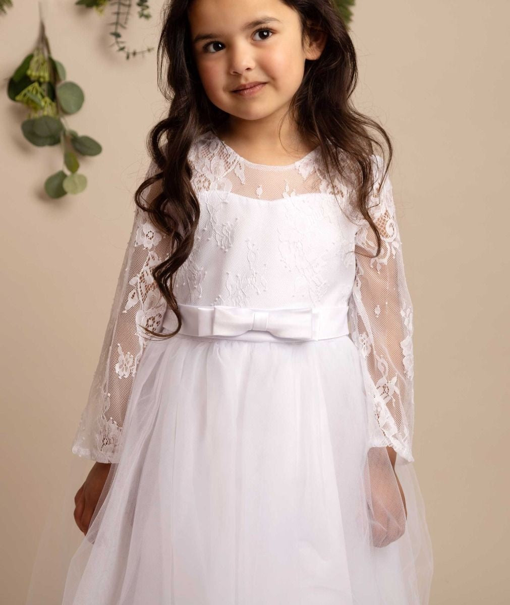 Girls Long Sleeves Lace White Tulle Dress - JADE - White