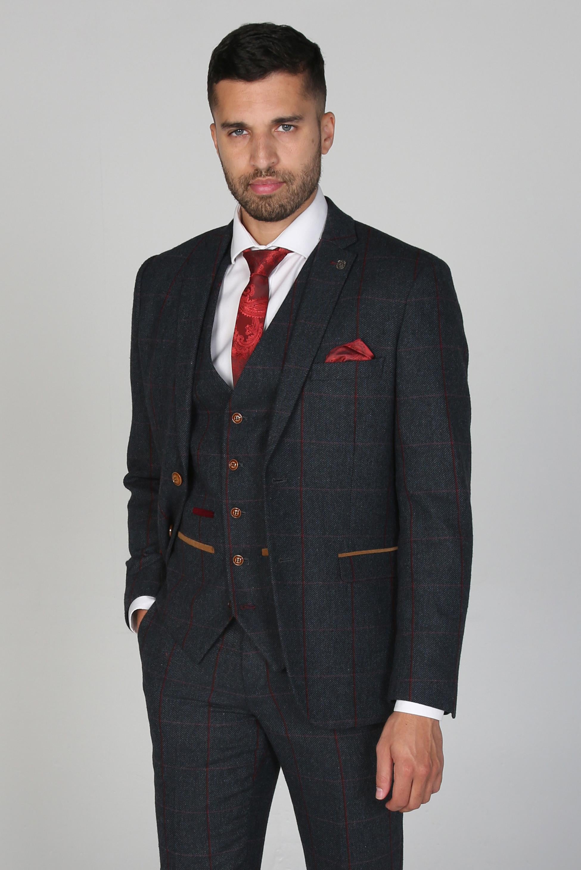 Men's Tweed Windowpane Check Tailored Fit Suit - MADRID - Navy Blue