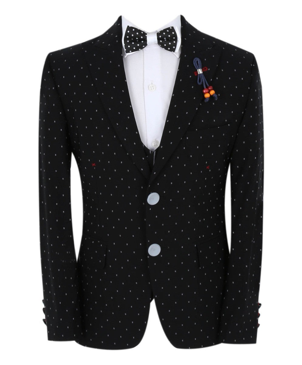 Boys Polka Dot Slim Fit Black Suit - Avagadro - Black