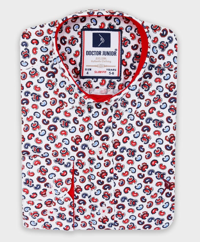 Boys Slim Fit Casual Paisley Shirt - White- Red