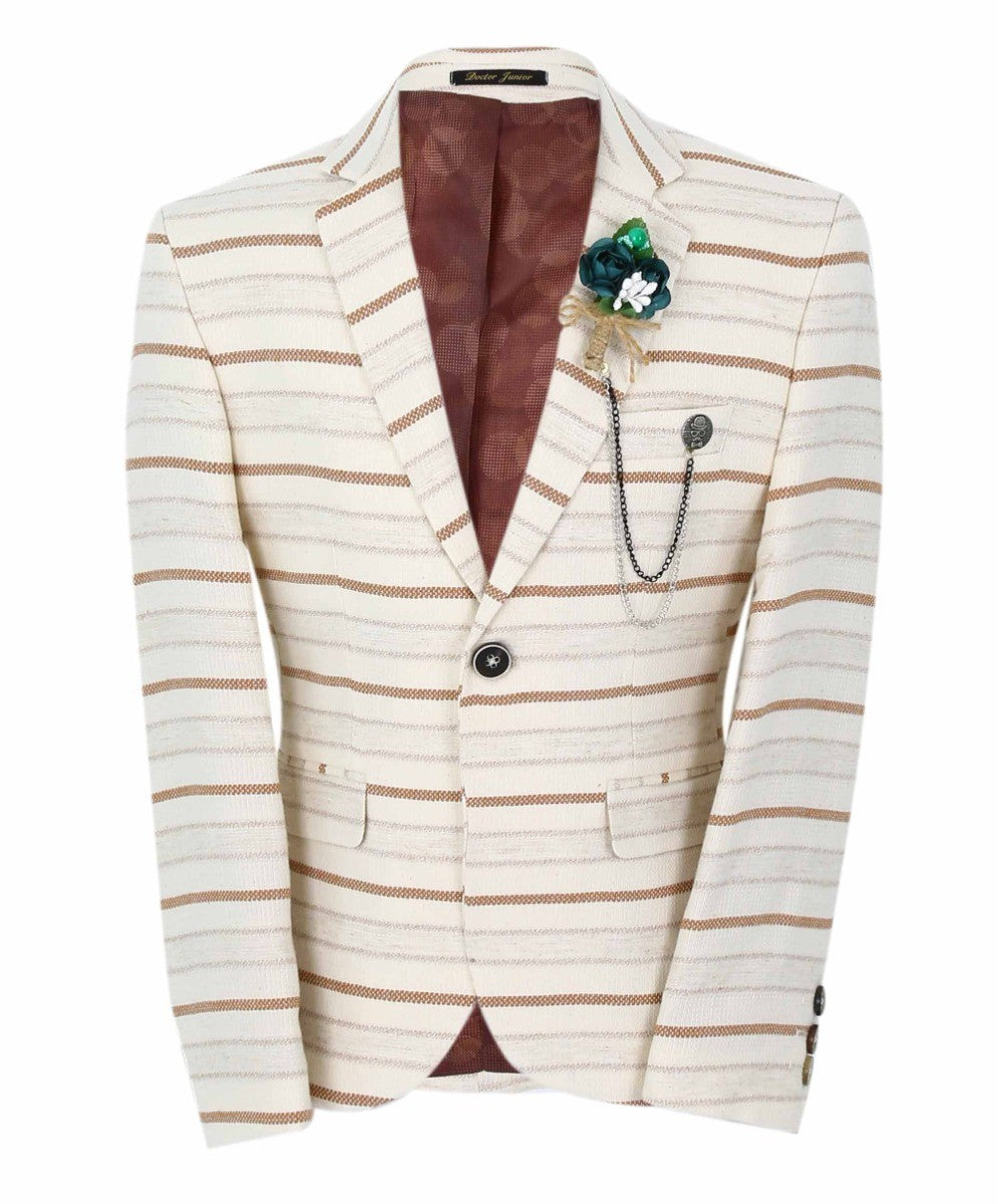 Boys Slim Fit Striped Blazer - Beige - Brown