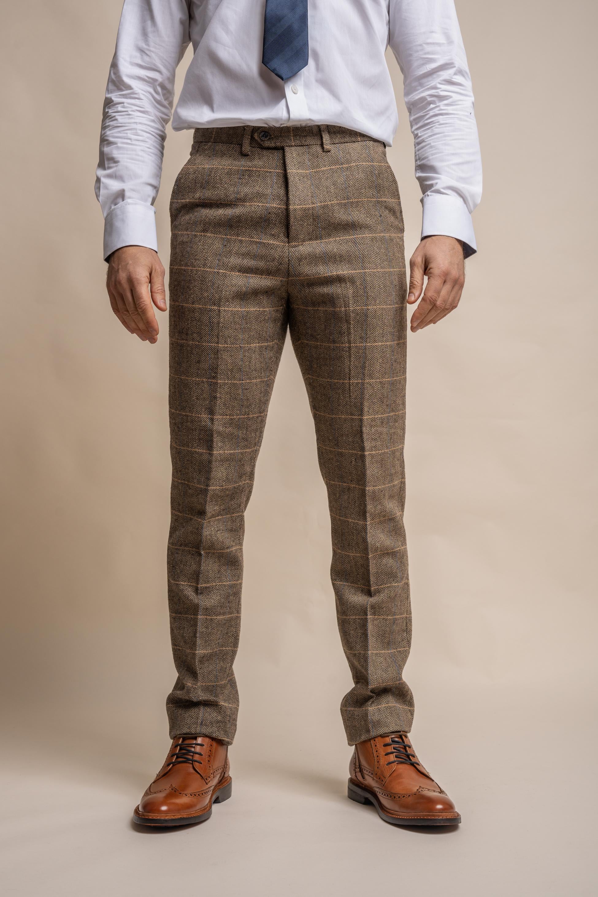 Men's Wool Blend Herringbone Check Trousers - Albert - Tan Brown