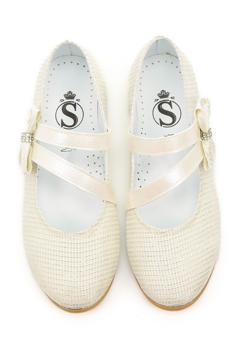 Girls Mary Jane Bow Flat Dress Shoes -MAYA - Ivory Gold