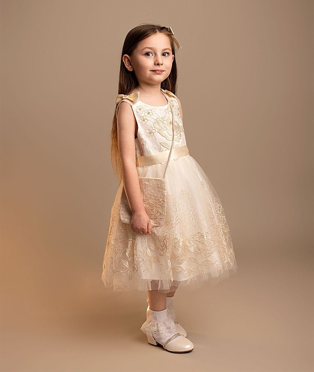 Girls’ Ivory & Gold Floral Embroidery Dress Set - Priscilla - Ivory Gold