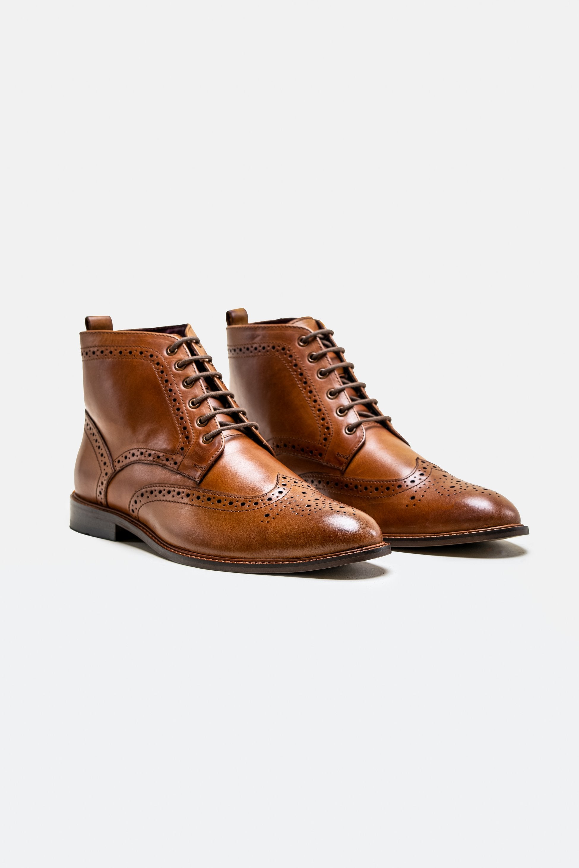 Men's Leather Lace up Brogue Boots - HOLMES - Tan Brown