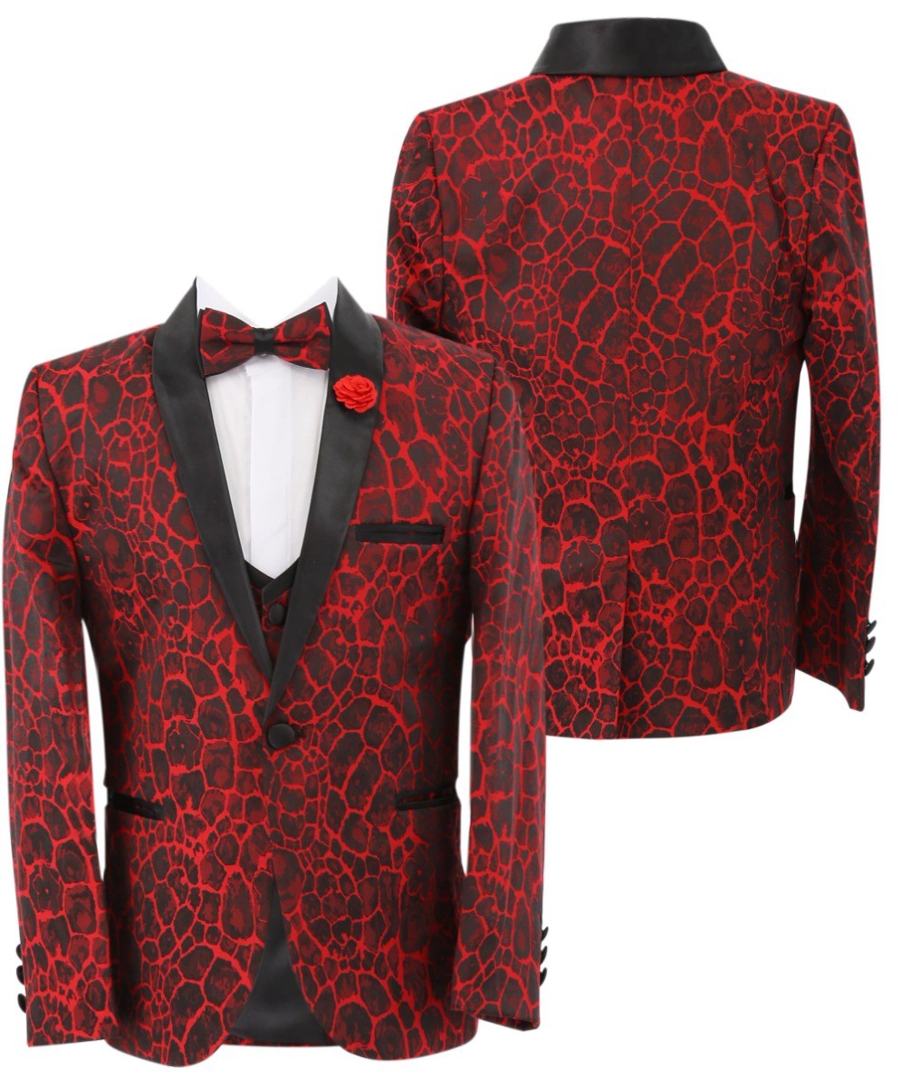 Boys Jacquard Burgundy Tuxedo Suit - Red