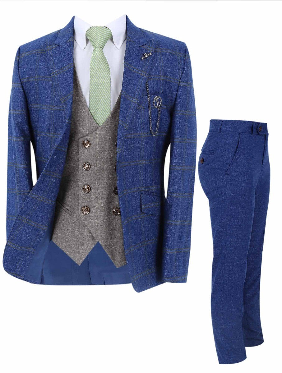 Boys Windowpane Check Slim Fit Suit Set - Blue