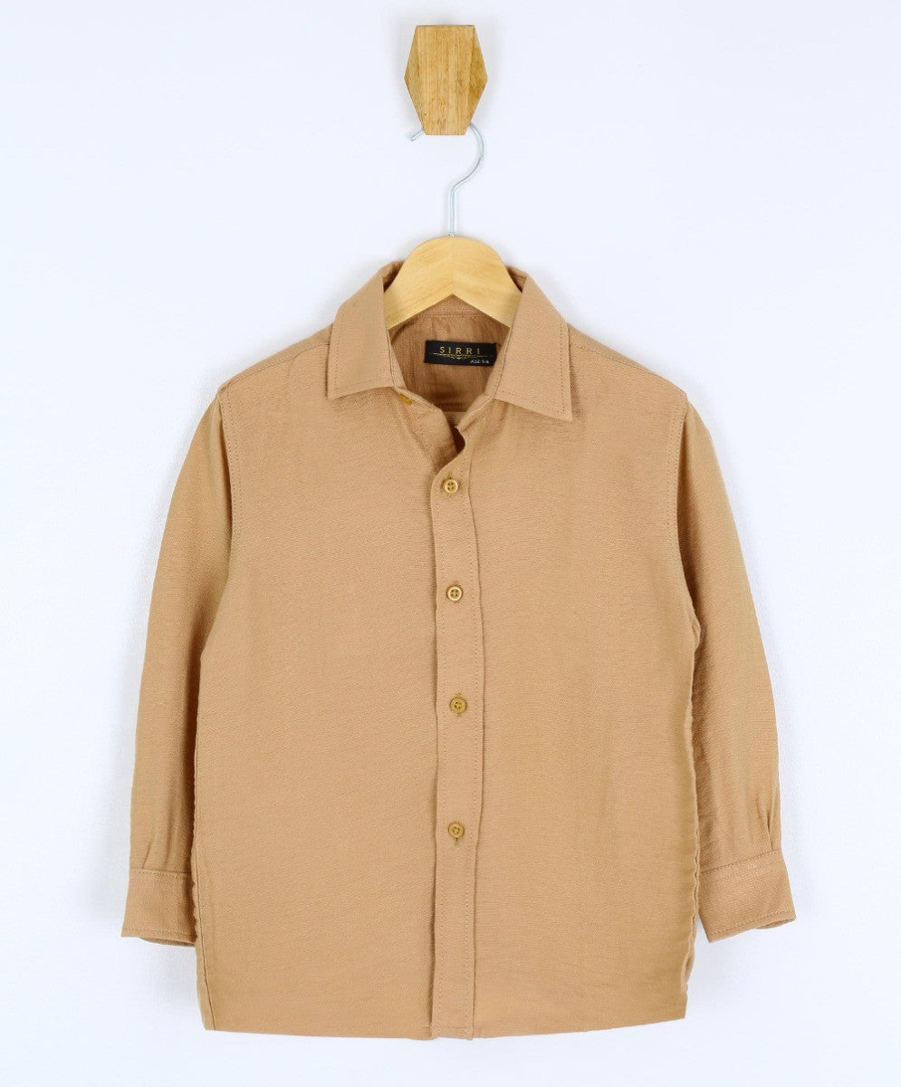 Boys Cotton Linen Classic Collar Shirt - Tan Beige